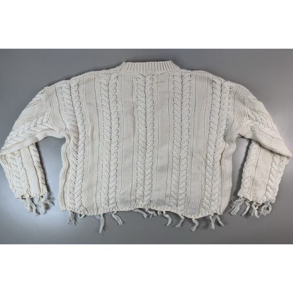 Hayden Los Angeles Womens Sweater Med Ivory Fisherman Chunky Knit Fringe Cropped - Picture 2 of 9